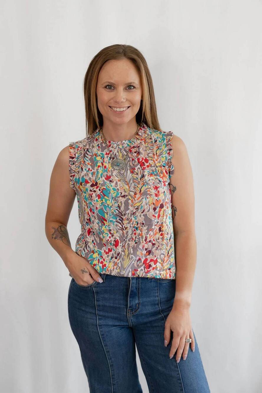 NEW LIME N CHILI graphic print ruffle mock neck sleeveless western top in lightt